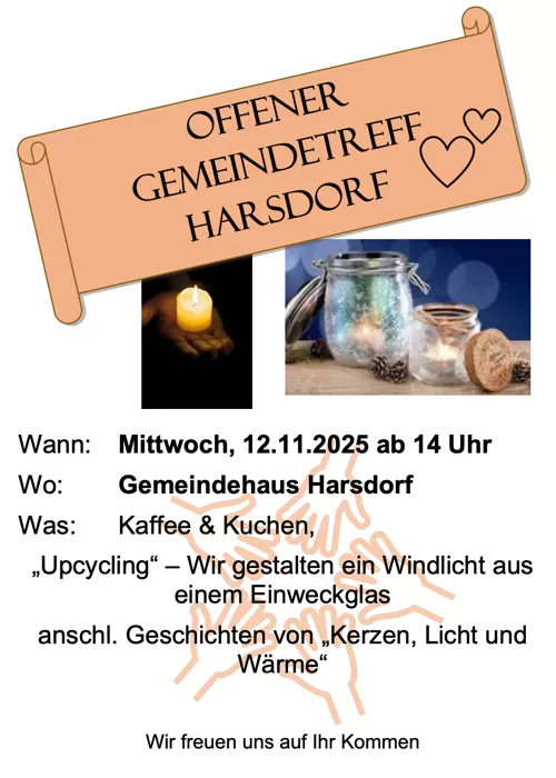 Einladung zum Gemeindetreff am 12.11.2025 ab 14:00 Uhr im Gemeindehaus Harsdorf