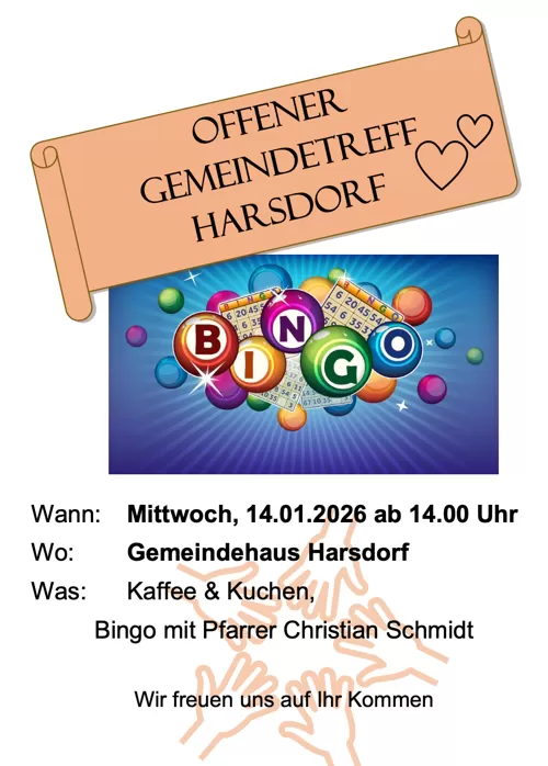 Einladung zum Gemeindetreff am 14.01.2026 ab 14:00 Uhr im Gemeindehaus Harsdorf